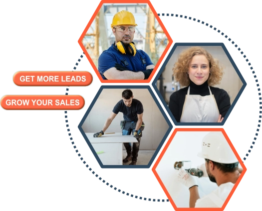 Velderra hero image, which is comprised of four photos showing skilled tradesmen and home service professionals that grew their sales by having a professionally designed website design with optimized seo for their local market. The four photos are in the shape of hexagons, two with a blue border and two with an orange border. There are also two orange lozenges that read: Get More Leads and Grow Your Sales.